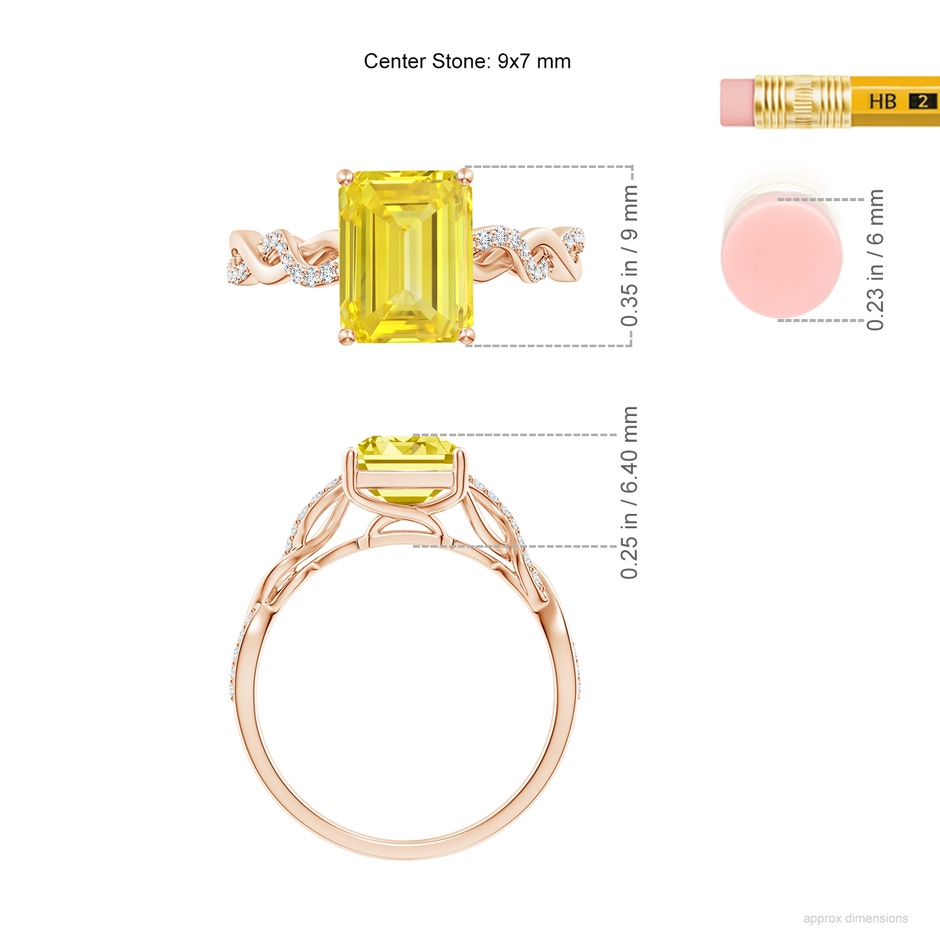 9x7mm Labgrown Emerald-Cut Solitaire Lab-Grown Fancy Intense Yellow Diamond Infinity Twist Ring in Rose Gold ruler