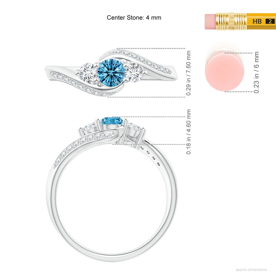 4mm Labgrown Horizontally Set Three Stone Lab-Grown Fancy Intense Blue Diamond Bypass Ring in White Gold ruler