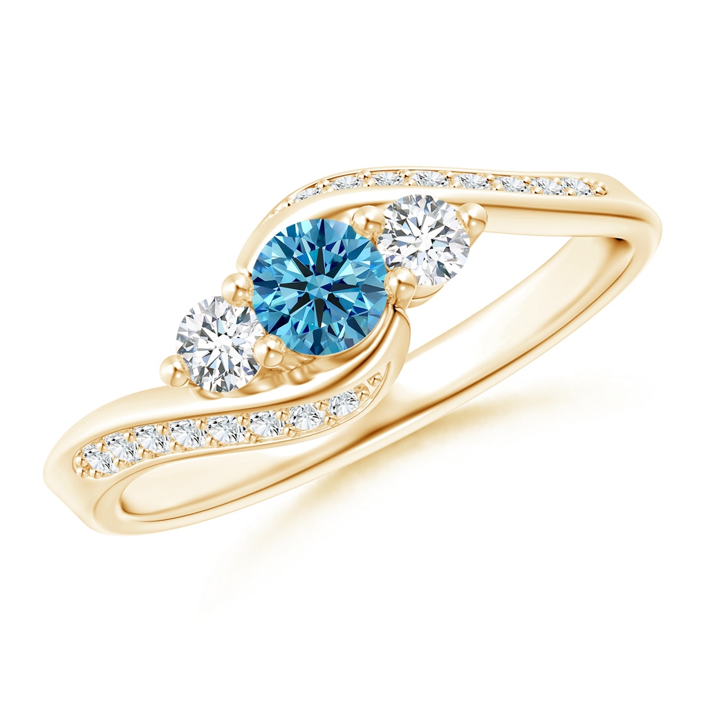 4mm Labgrown Horizontally Set Three Stone Lab-Grown Fancy Intense Blue Diamond Bypass Ring in Yellow Gold