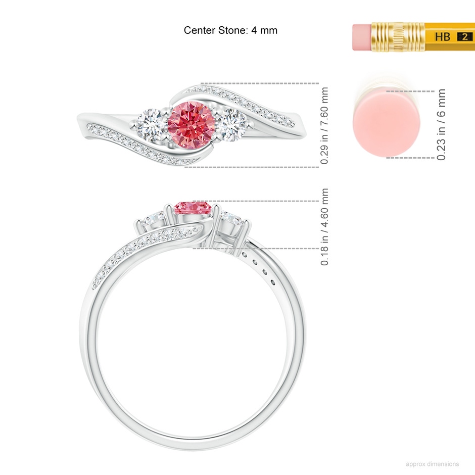 4mm Labgrown Horizontally Set Three Stone Lab-Grown Fancy Intense Pink Diamond Bypass Ring in White Gold ruler