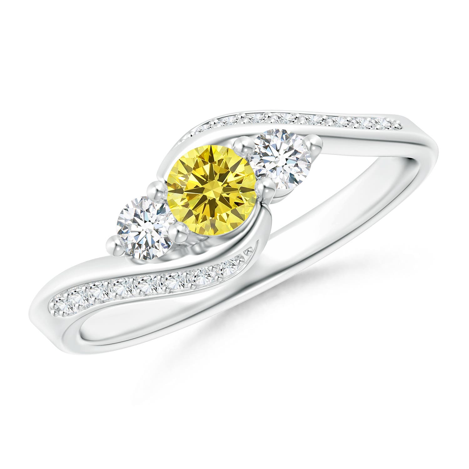4mm Labgrown Horizontally Set Three Stone Lab-Grown Fancy Intense Yellow Diamond Bypass Ring in 18CT White Gold