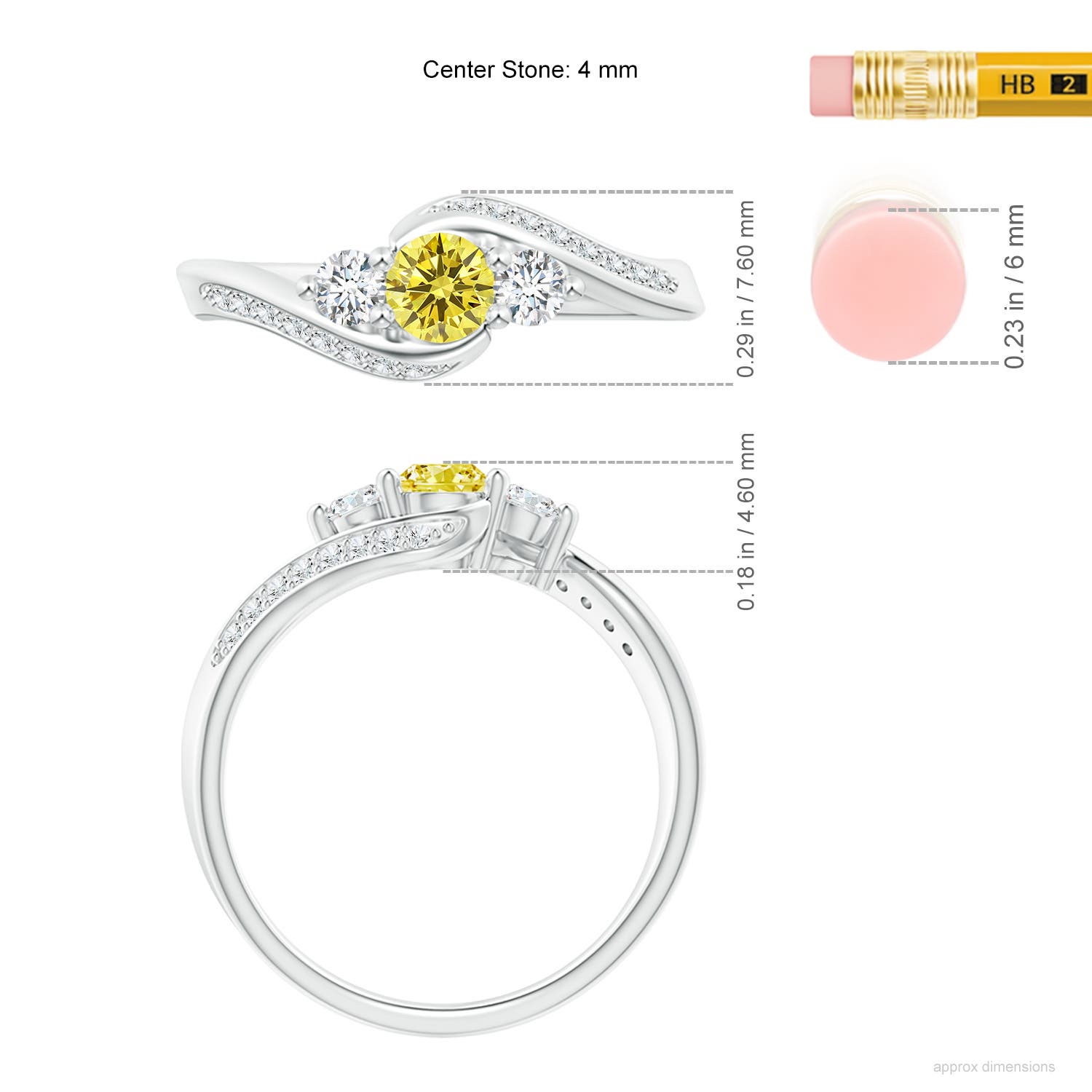 4mm Labgrown Horizontally Set Three Stone Lab-Grown Fancy Intense Yellow Diamond Bypass Ring in White Gold - ruler