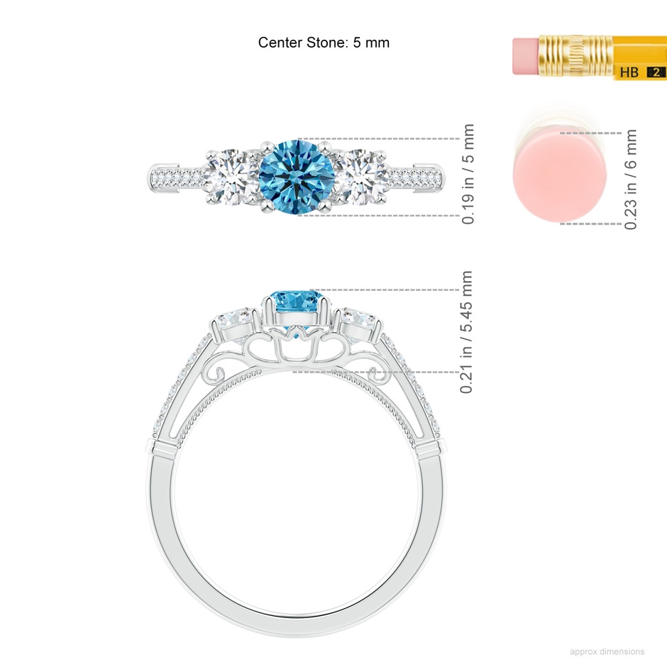 5mm Labgrown Three Stone Lab-Grown Fancy Intense Blue Diamond Cathedral Engagement Ring in P950 Platinum ruler