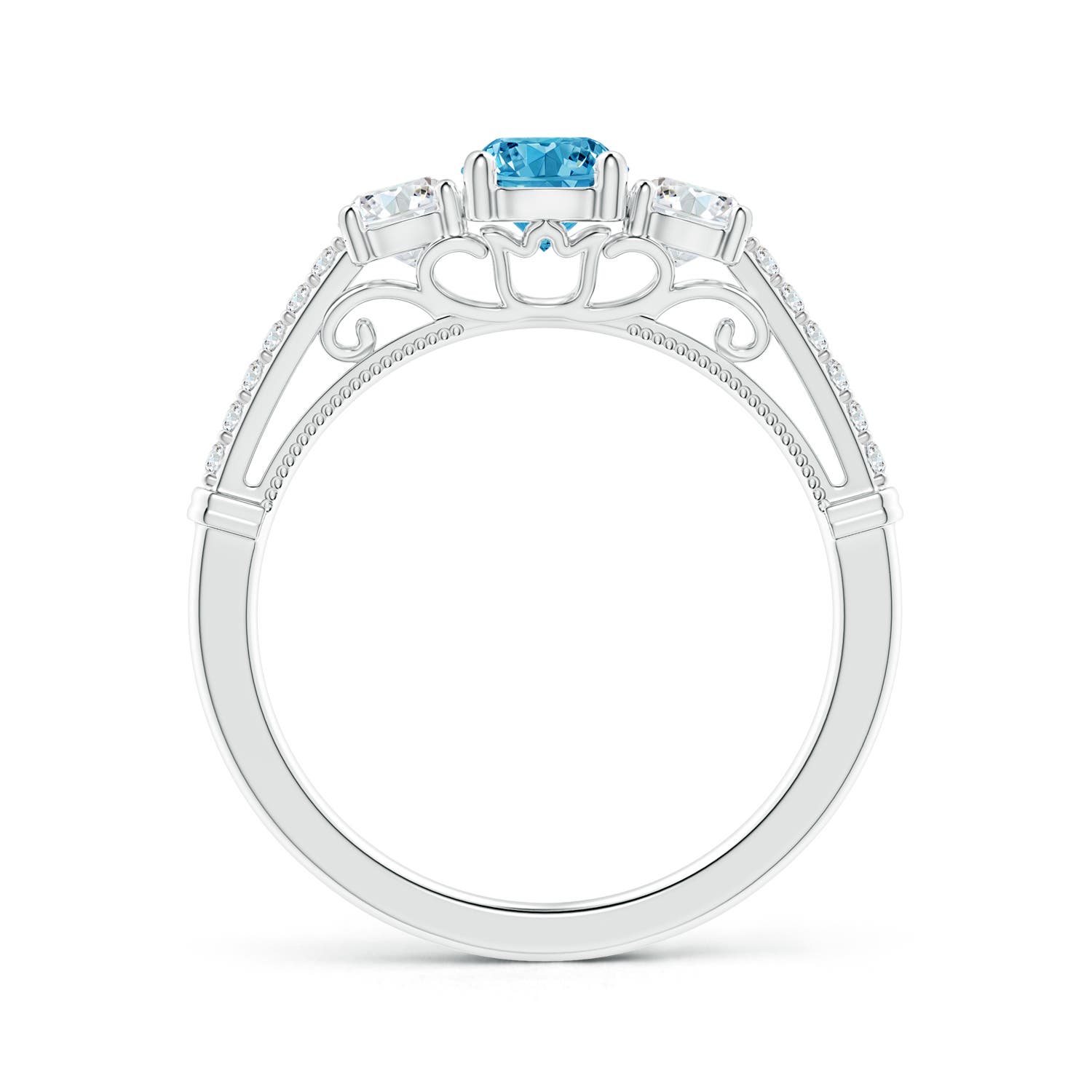 Three Stone Lab-Grown Fancy Intense Blue Diamond Cathedral Engagement Ring