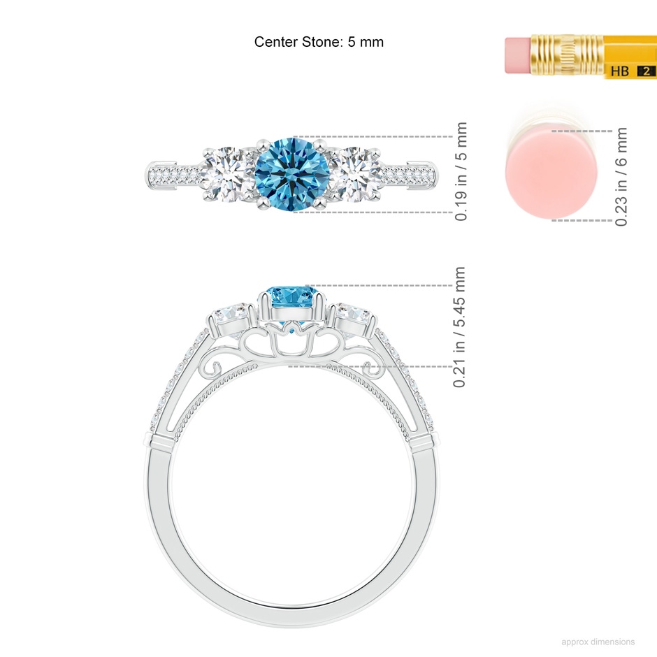 5mm Labgrown Three Stone Lab-Grown Fancy Intense Blue Diamond Cathedral Engagement Ring in White Gold ruler