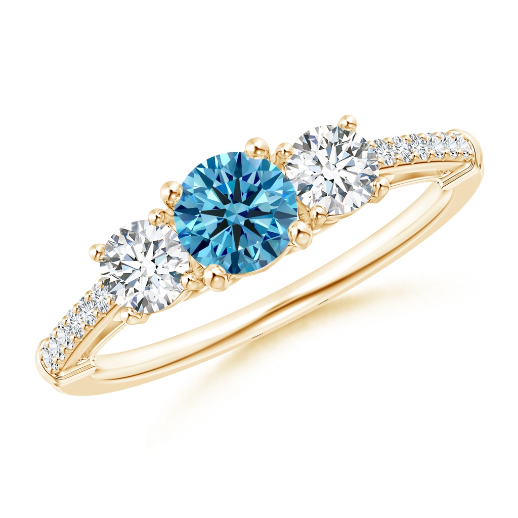 5mm Labgrown Three Stone Lab-Grown Fancy Intense Blue Diamond Cathedral Engagement Ring in Yellow Gold