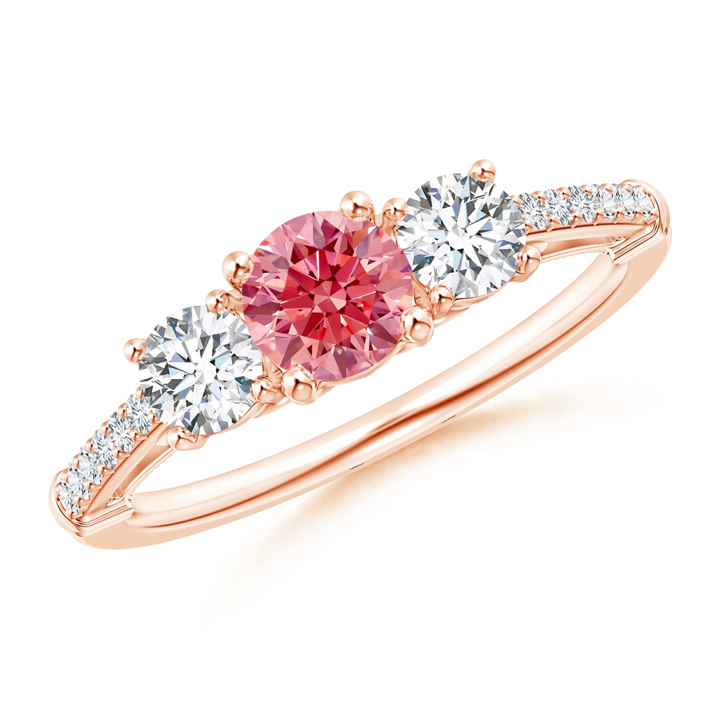 5mm Labgrown Three Stone Lab-Grown Fancy Intense Pink Diamond Cathedral Engagement Ring in Rose Gold