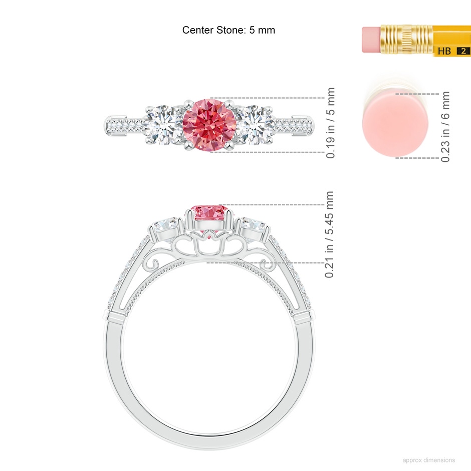 5mm Labgrown Three Stone Lab-Grown Fancy Intense Pink Diamond Cathedral Engagement Ring in White Gold ruler