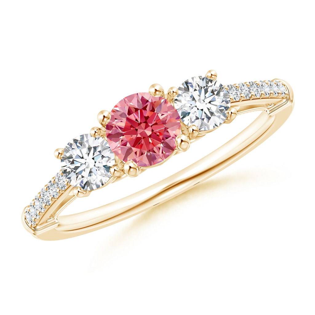 5mm Labgrown Three Stone Lab-Grown Fancy Intense Pink Diamond Cathedral Engagement Ring in Yellow Gold