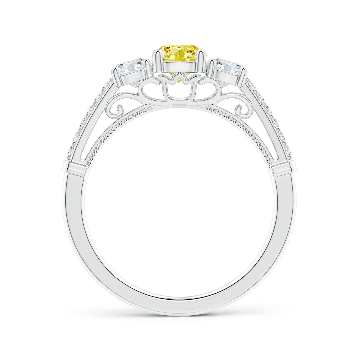 5mm Labgrown Three Stone Lab-Grown Fancy Intense Yellow Diamond Cathedral Engagement Ring in White Gold - side 2