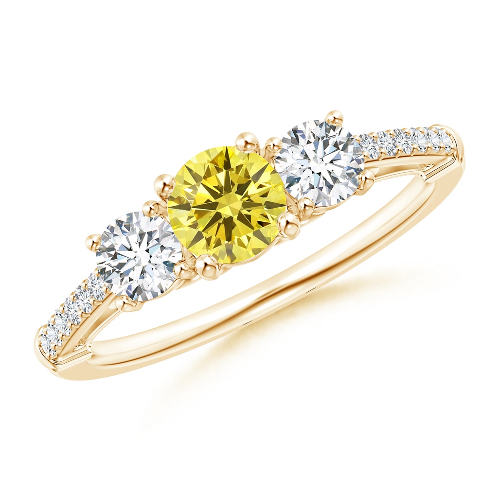 5mm Labgrown Three Stone Lab-Grown Fancy Intense Yellow Diamond Cathedral Engagement Ring in Yellow Gold