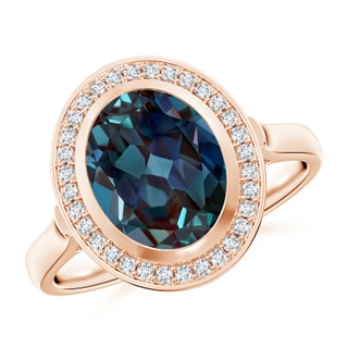 10x8mm Labgrown Bezel-Set Oval Lab-Grown Alexandrite Ring with Diamond Halo in 18K Rose Gold