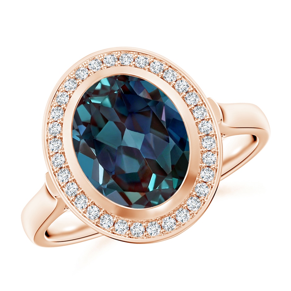 10x8mm Labgrown Bezel-Set Oval Lab-Grown Alexandrite Ring with Diamond Halo in Rose Gold 