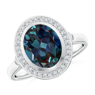 10x8mm Labgrown Bezel-Set Oval Lab-Grown Alexandrite Ring with Diamond Halo in White Gold