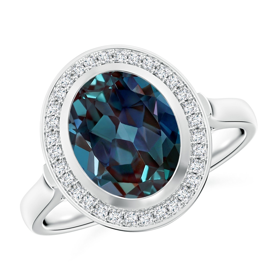 10x8mm Labgrown Bezel-Set Oval Lab-Grown Alexandrite Ring with Diamond Halo in White Gold 