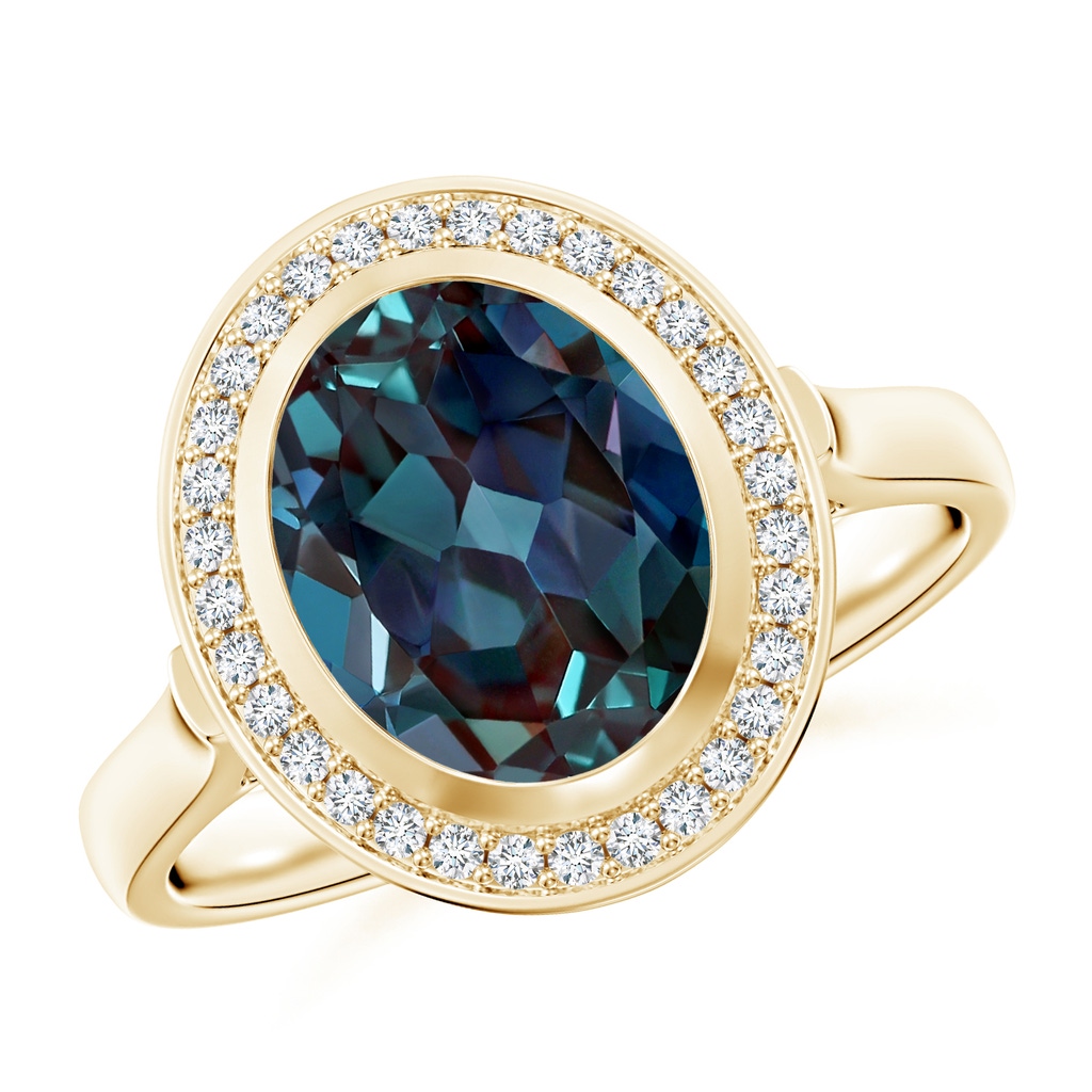 10x8mm Labgrown Bezel-Set Oval Lab-Grown Alexandrite Ring with Diamond Halo in Yellow Gold