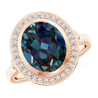 11x9mm Labgrown Bezel-Set Oval Lab-Grown Alexandrite Ring with Diamond Halo in Rose Gold