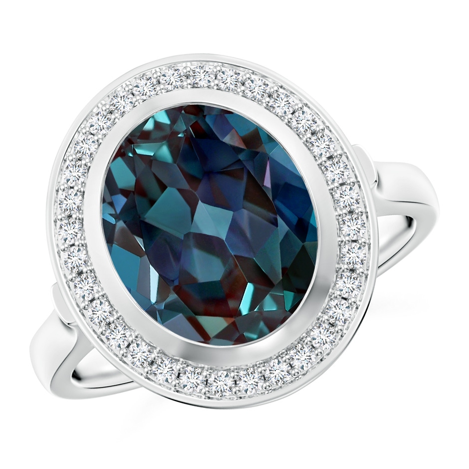 11x9mm Labgrown Bezel-Set Oval Lab-Grown Alexandrite Ring with Diamond Halo in White Gold 