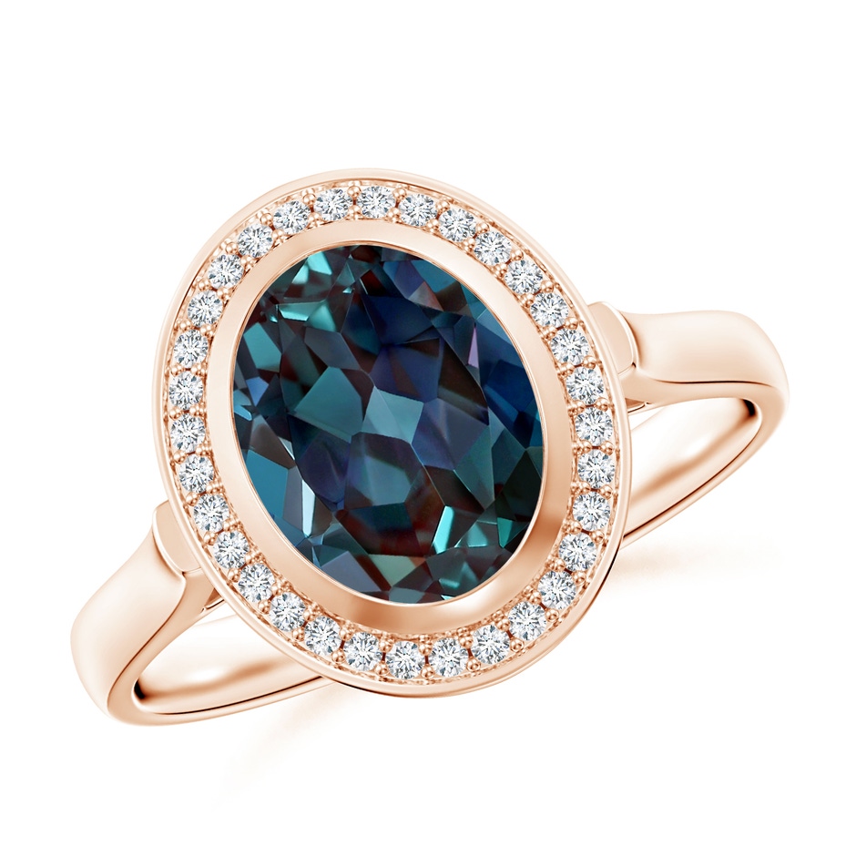9x7mm Labgrown Bezel-Set Oval Lab-Grown Alexandrite Ring with Diamond Halo in Rose Gold 