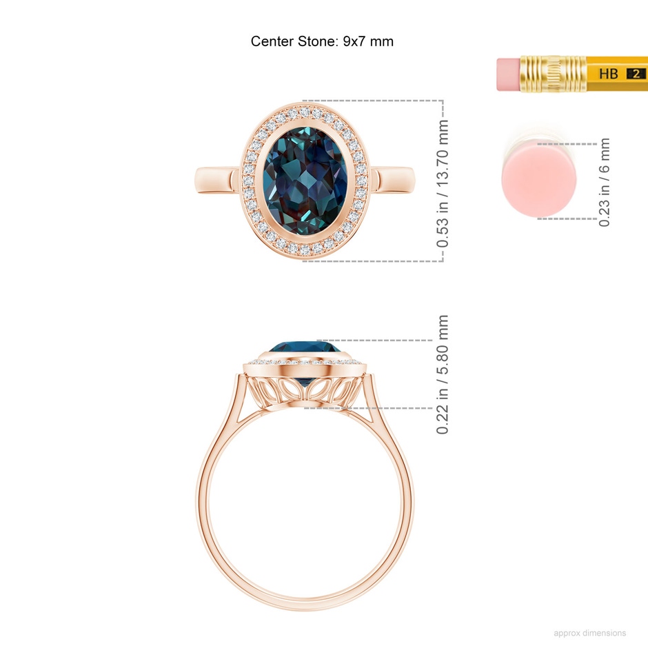 9x7mm Labgrown Bezel-Set Oval Lab-Grown Alexandrite Ring with Diamond Halo in Rose Gold ruler