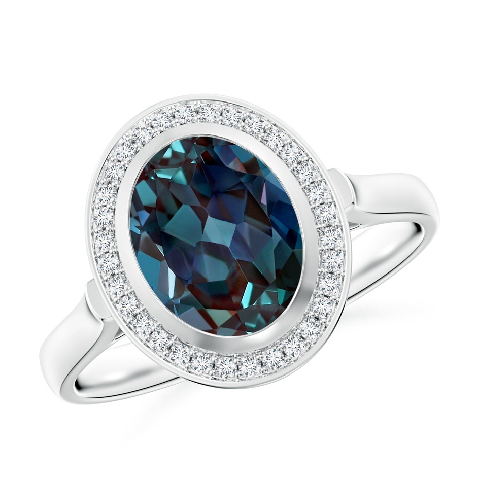 9x7mm Labgrown Bezel-Set Oval Lab-Grown Alexandrite Ring with Diamond Halo in White Gold 