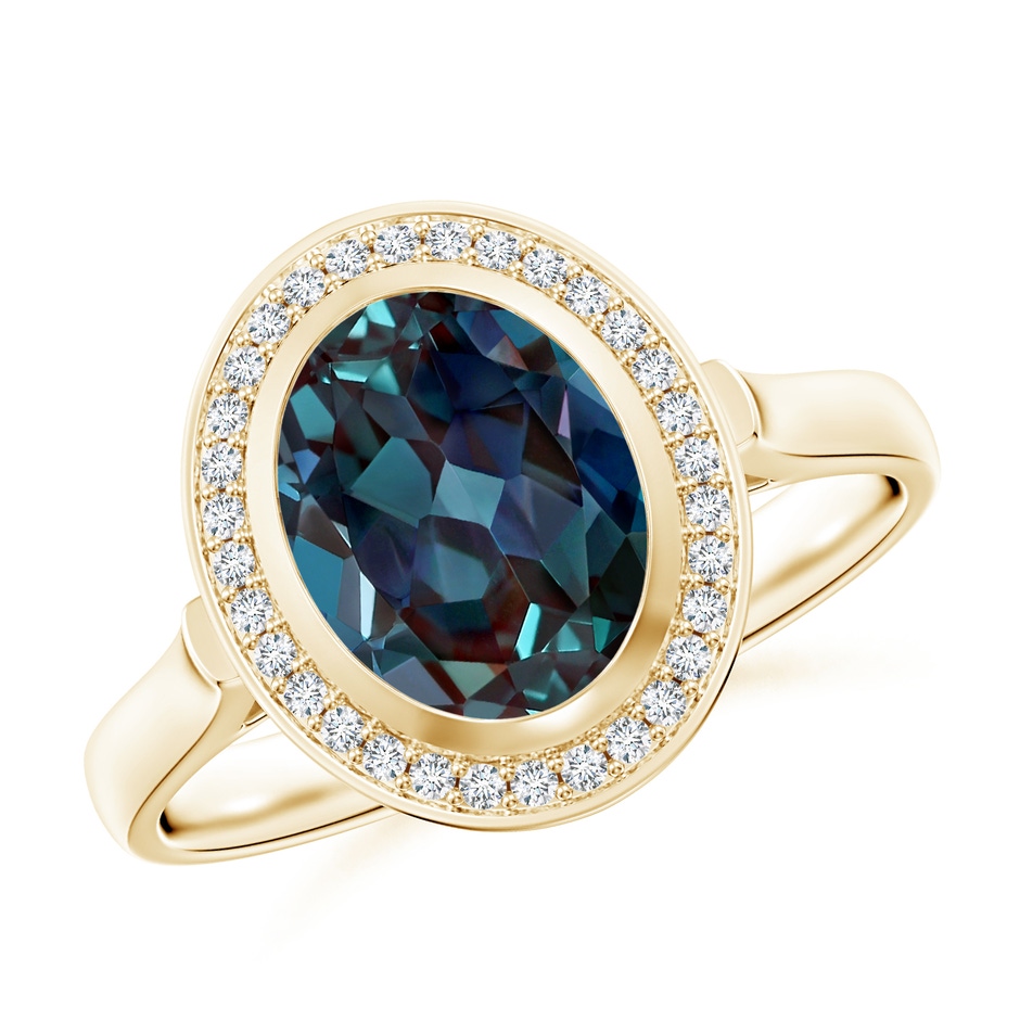 9x7mm Labgrown Bezel-Set Oval Lab-Grown Alexandrite Ring with Diamond Halo in Yellow Gold 
