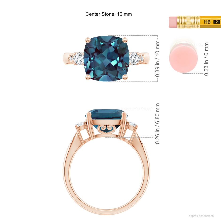 10mm Labgrown Cushion Lab-Grown Alexandrite Solitaire Ring with Diamond Accents in 18K Rose Gold ruler