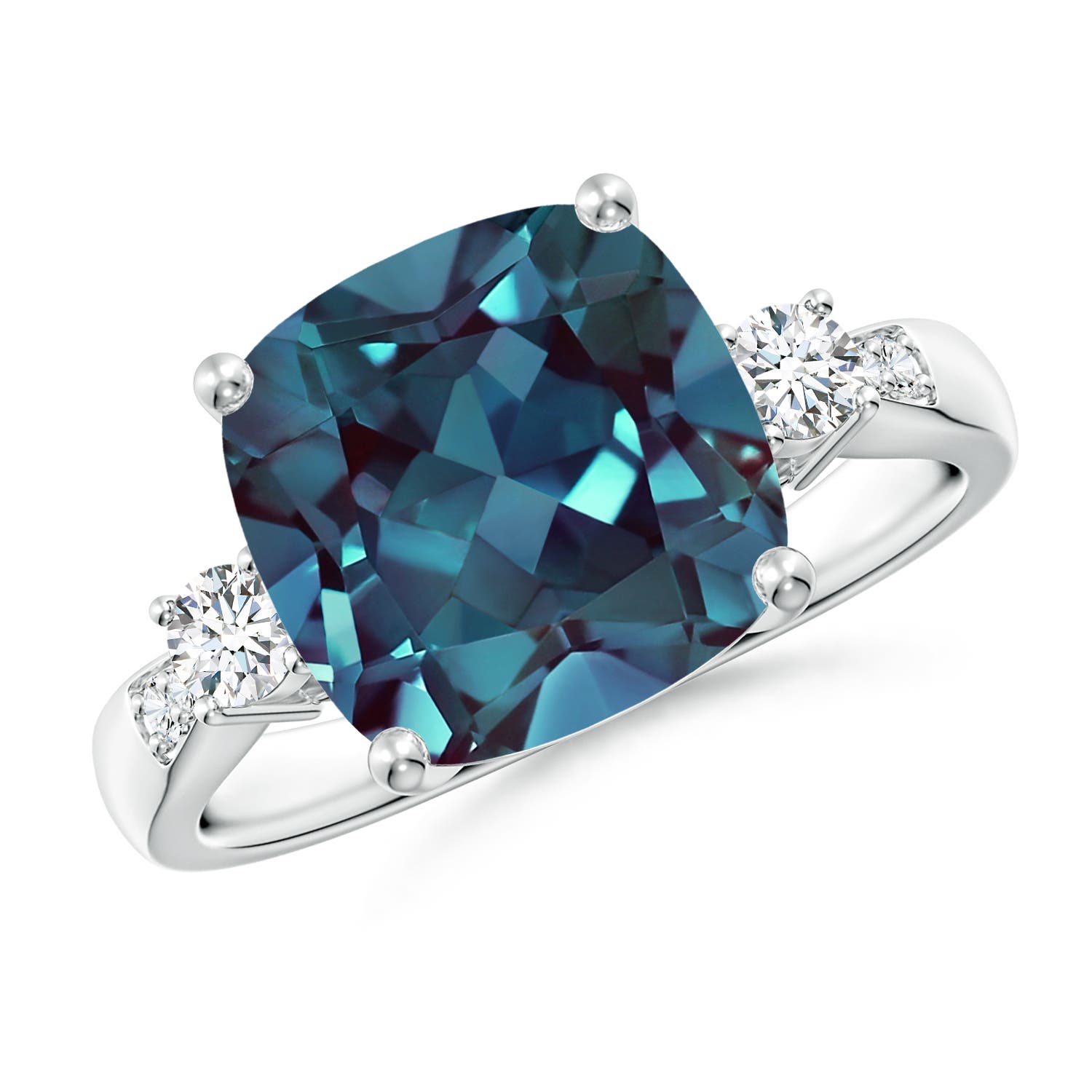 10mm Labgrown Cushion Lab-Grown Alexandrite Solitaire Ring with Diamond Accents in 18K White Gold