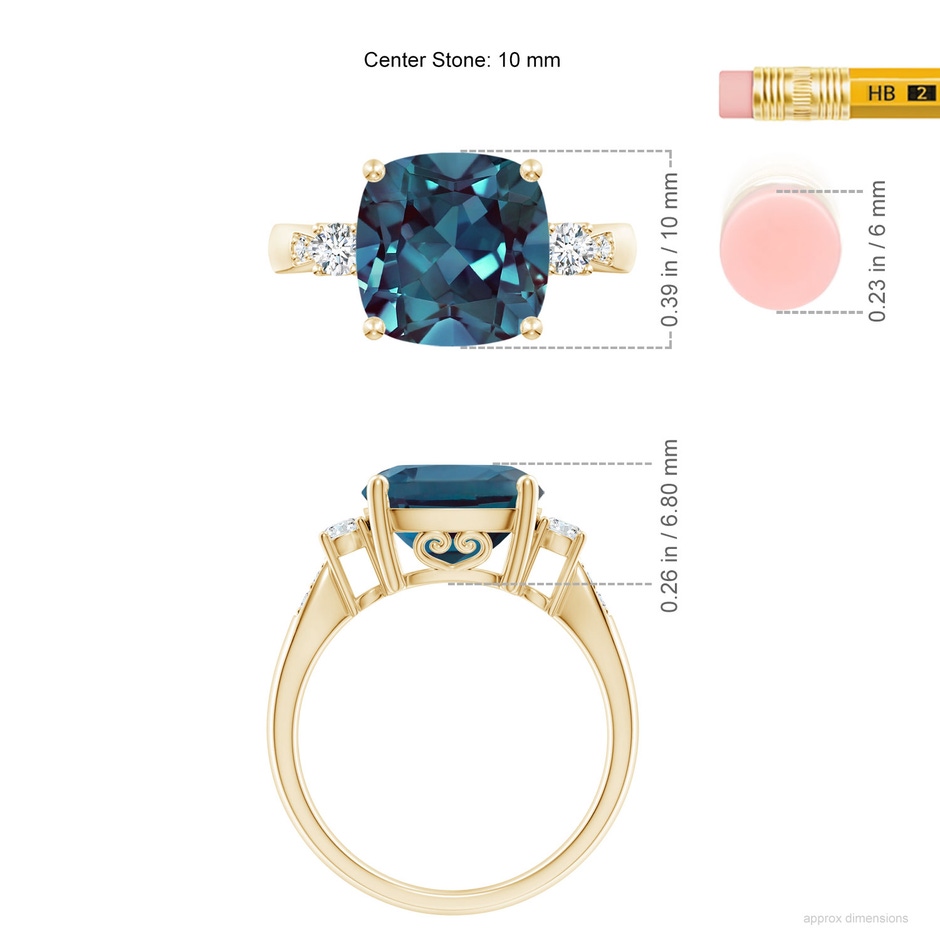 10mm Labgrown Cushion Lab-Grown Alexandrite Solitaire Ring with Diamond Accents in Yellow Gold ruler