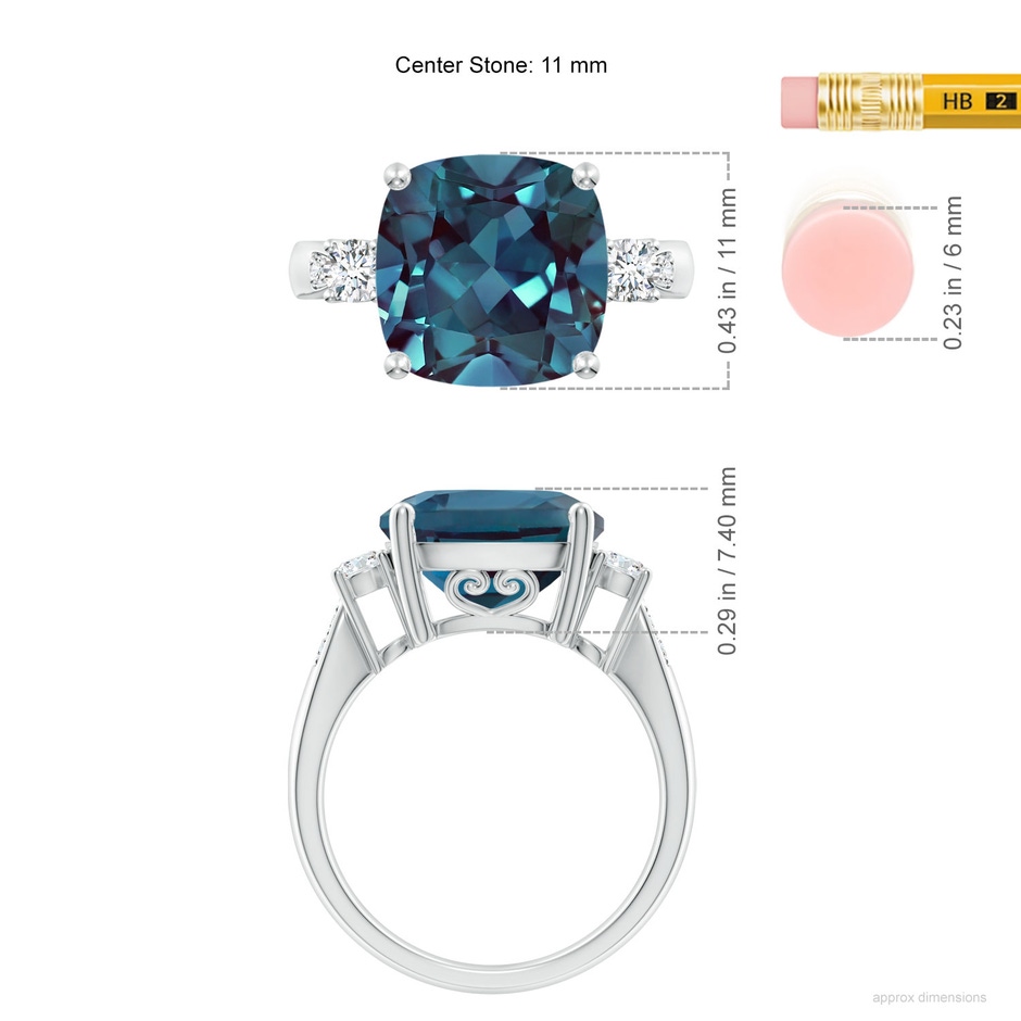 11mm Labgrown Cushion Lab-Grown Alexandrite Solitaire Ring with Diamond Accents in P950 Platinum ruler