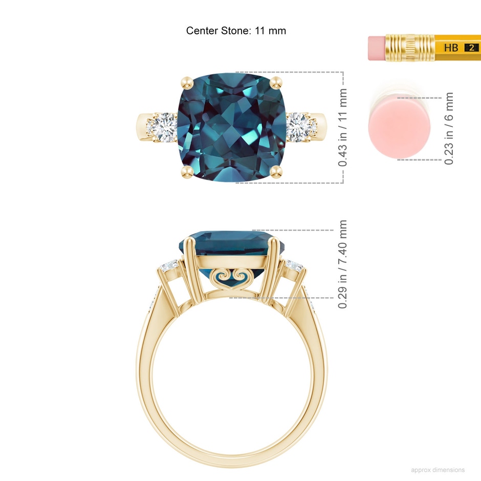 11mm Labgrown Cushion Lab-Grown Alexandrite Solitaire Ring with Diamond Accents in Yellow Gold ruler