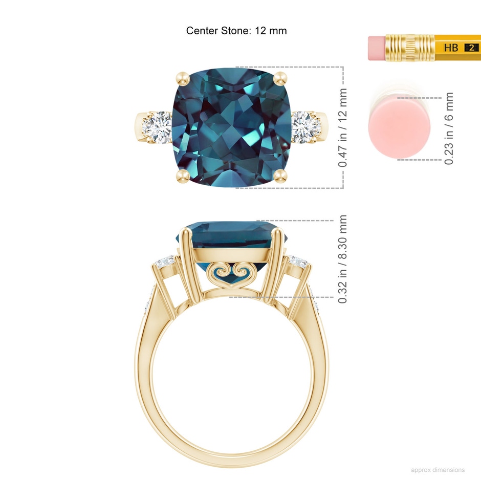 12mm Labgrown Cushion Lab-Grown Alexandrite Solitaire Ring with Diamond Accents in Yellow Gold ruler