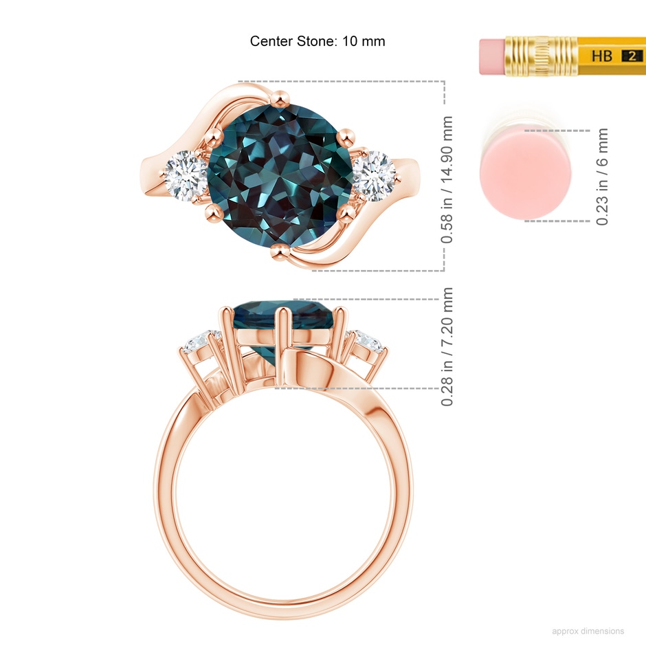10mm Labgrown Round Lab-Grown Alexandrite and Diamond Three Stone Bypass Ring in 18K Rose Gold ruler