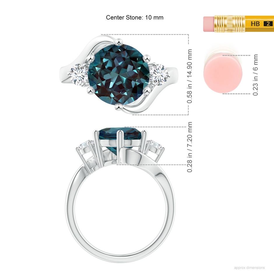 10mm Labgrown Round Lab-Grown Alexandrite and Diamond Three Stone Bypass Ring in White Gold ruler