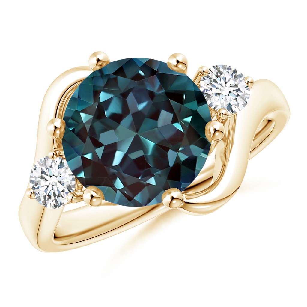 10mm Labgrown Round Lab-Grown Alexandrite and Diamond Three Stone Bypass Ring in Yellow Gold