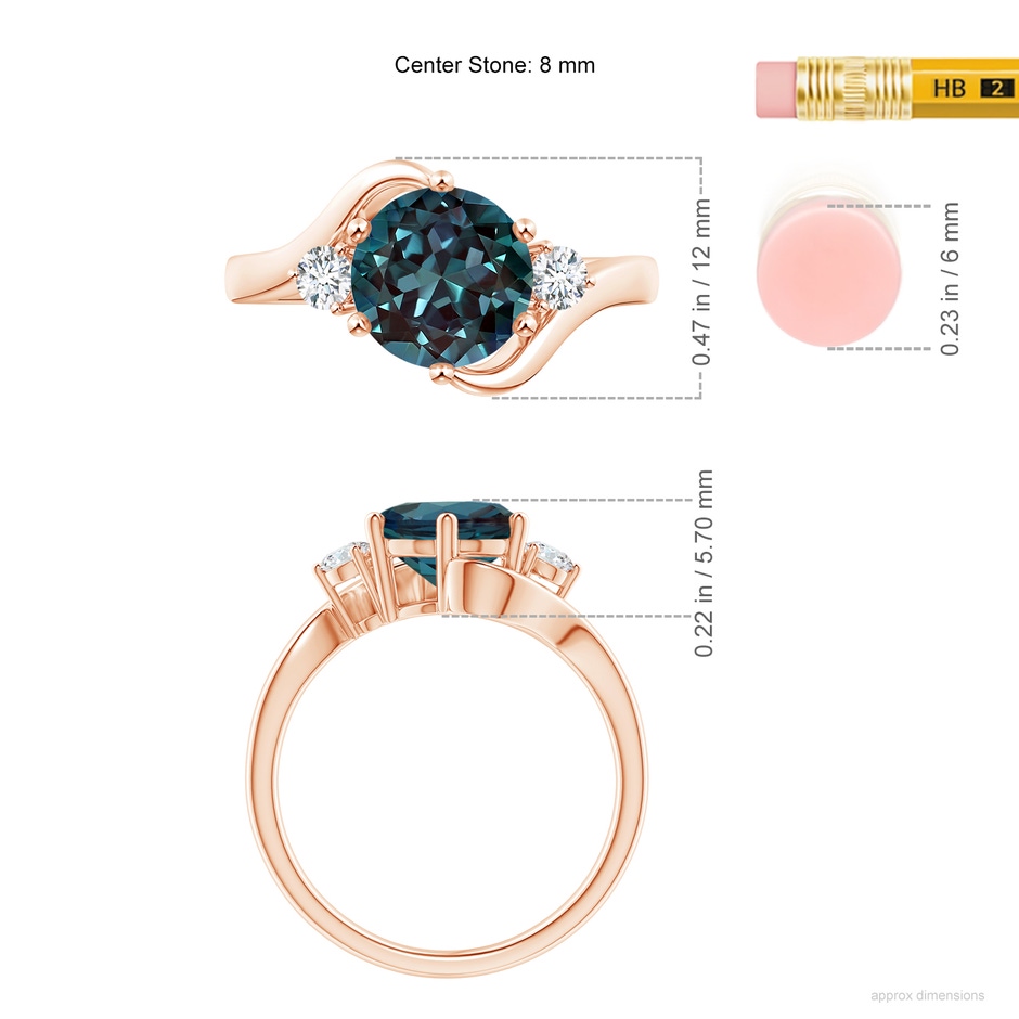 8mm Labgrown Round Lab-Grown Alexandrite and Diamond Three Stone Bypass Ring in Rose Gold ruler