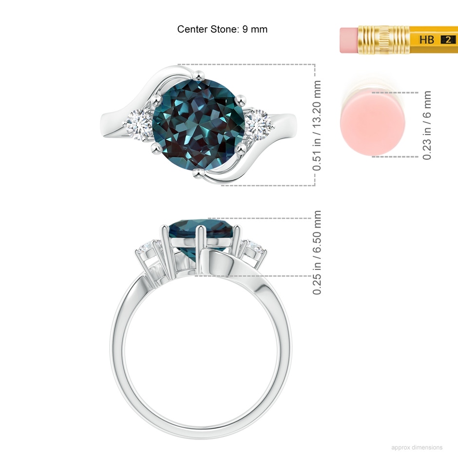 9mm Labgrown Round Lab-Grown Alexandrite and Diamond Three Stone Bypass Ring in White Gold ruler