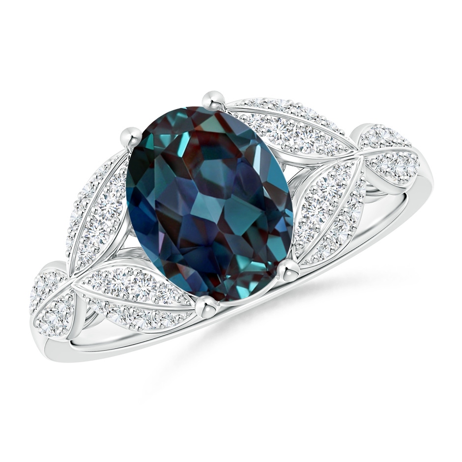 9x7mm Labgrown Lab-Grown Alexandrite and Diamond Trillium Petal Flower Ring in 18K White Gold 