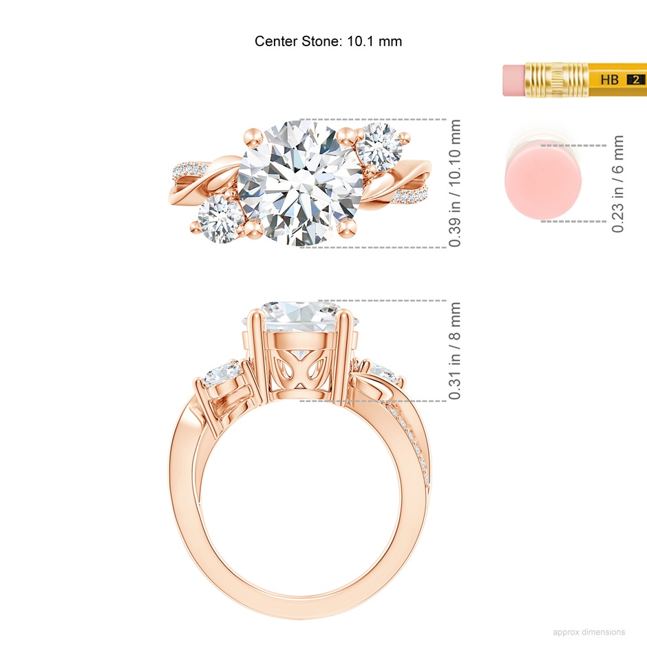10.1mm FGVS Lab-Grown Three Stone Diamond Twisted Vine Ring in Rose Gold ruler