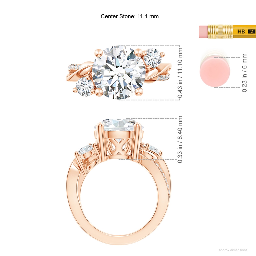 11.1mm FGVS Lab-Grown Three Stone Diamond Twisted Vine Ring in Rose Gold ruler