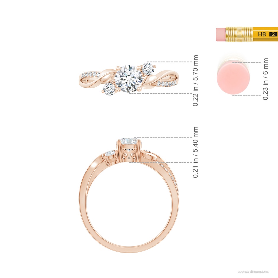 5.3mm FGVS Lab-Grown Three Stone Diamond Twisted Vine Ring in 18K Rose Gold ruler