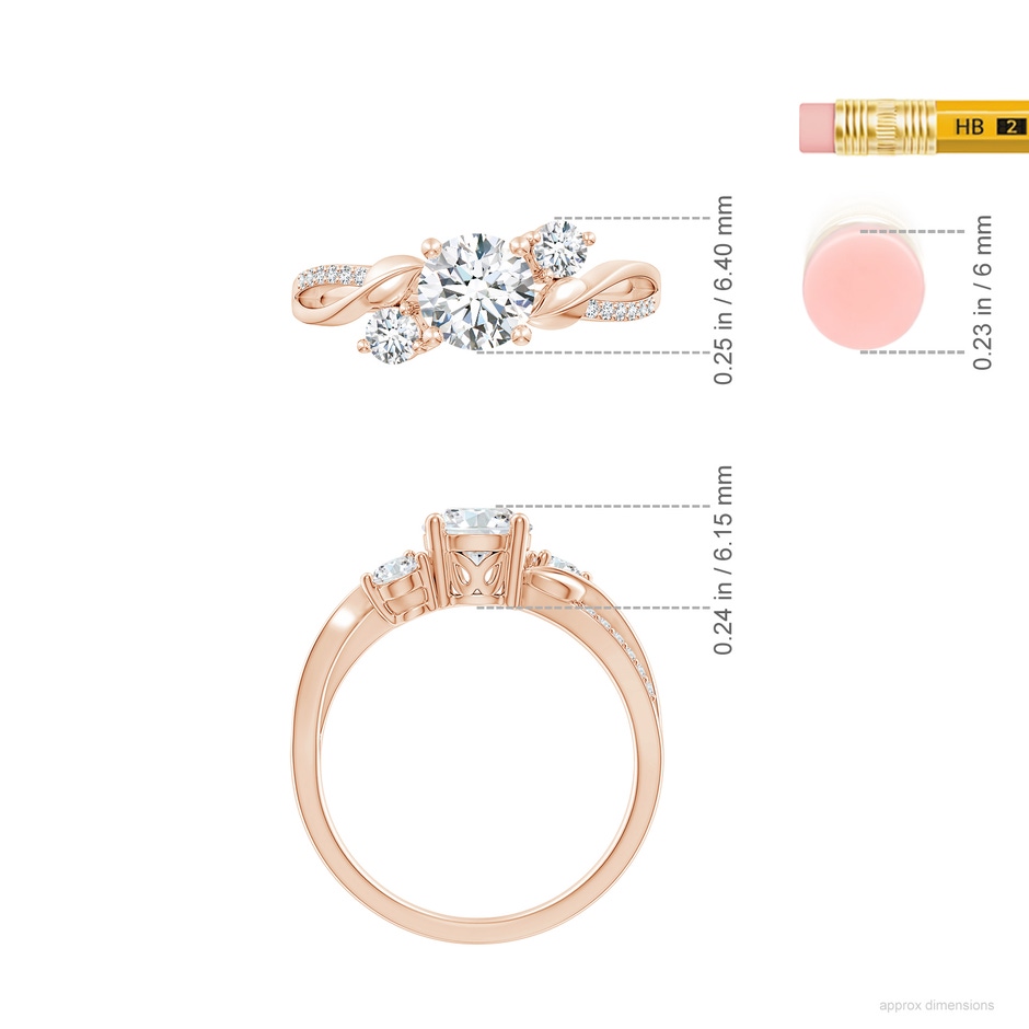 6mm FGVS Lab-Grown Three Stone Diamond Twisted Vine Ring in 18K Rose Gold ruler