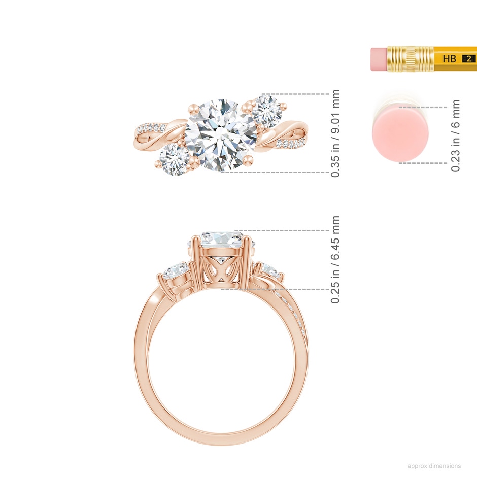 8mm FGVS Lab-Grown Three Stone Diamond Twisted Vine Ring in 9K Rose Gold ruler