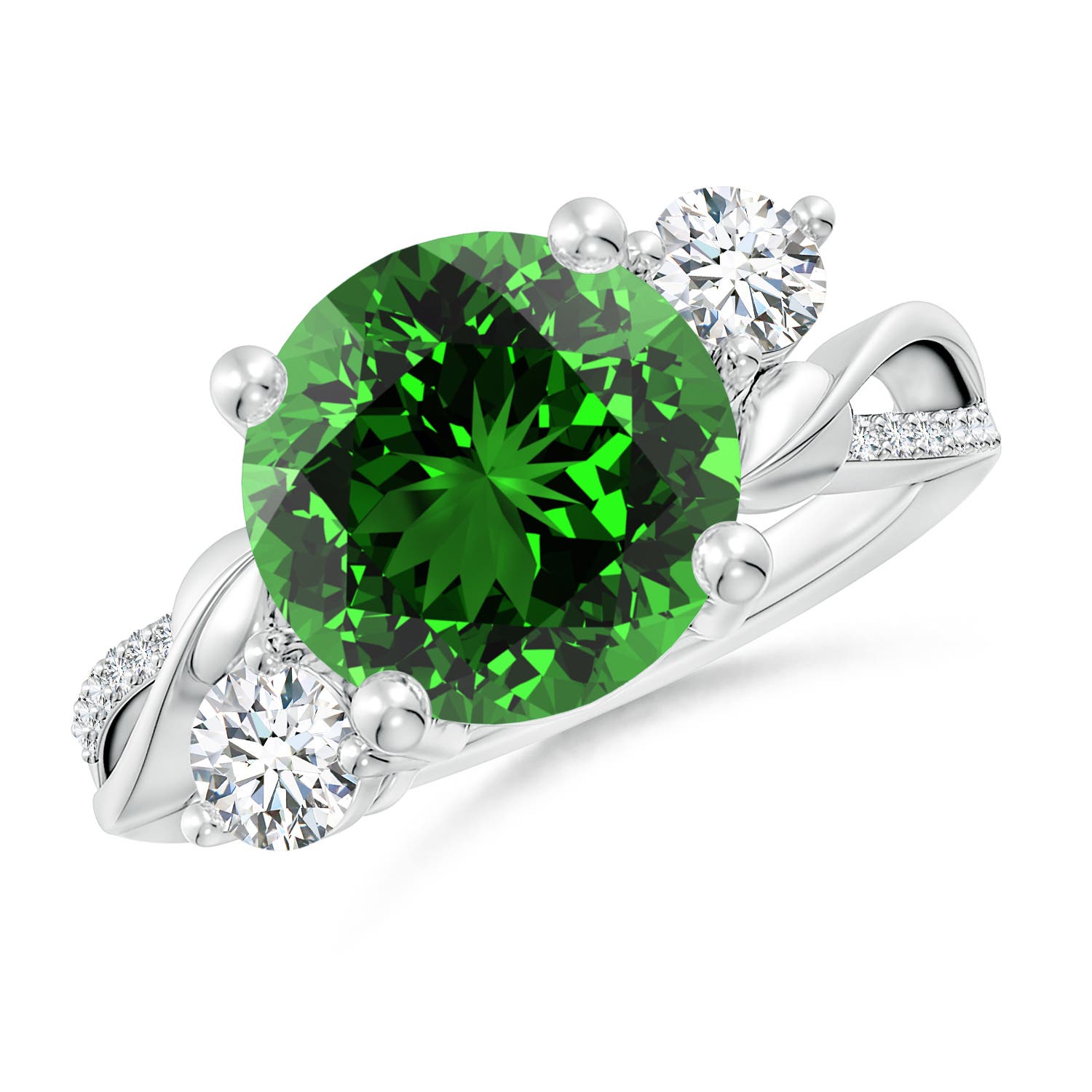 10mm Labgrown Lab-Grown Emerald and Lab Diamond Twisted Vine Ring in 18K White Gold