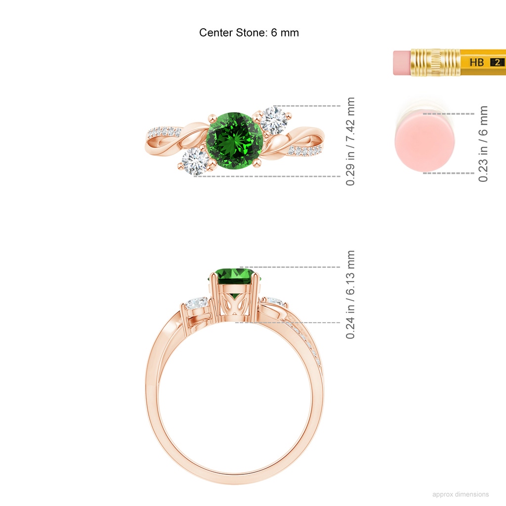 6mm Labgrown Lab-Grown Emerald and Diamond Twisted Vine Ring in Rose Gold ruler