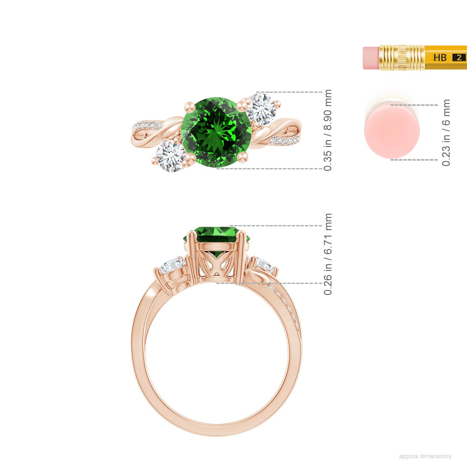 8mm Labgrown Lab-Grown Emerald and Lab Diamond Twisted Vine Ring in Rose Gold - ruler