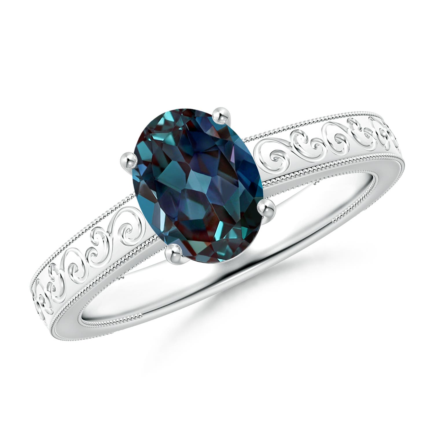 8x6mm Labgrown Vintage Inspired Oval Lab-Grown Alexandrite Ring with Engraved Shank in 18K White Gold