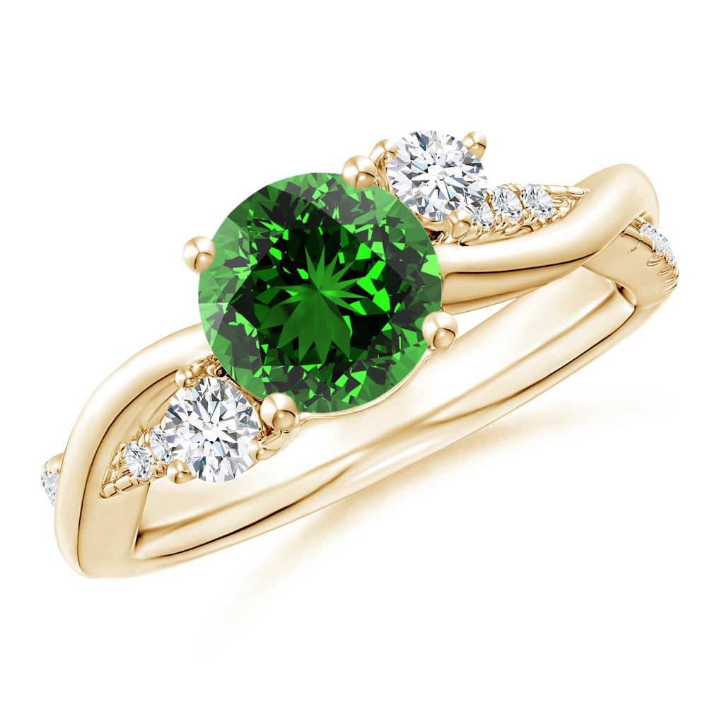 7mm Labgrown Lab-Grown Nature Inspired Emerald & Diamond Twisted Vine Ring in Yellow Gold
