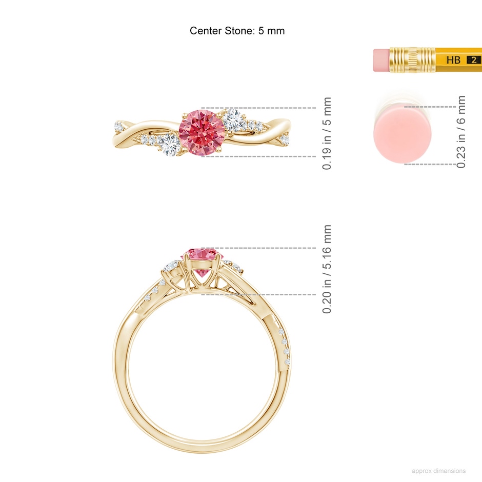 5mm Labgrown Nature Inspired Lab-Grown Fancy Intense Pink & White Diamond Twisted Vine Ring in Yellow Gold ruler