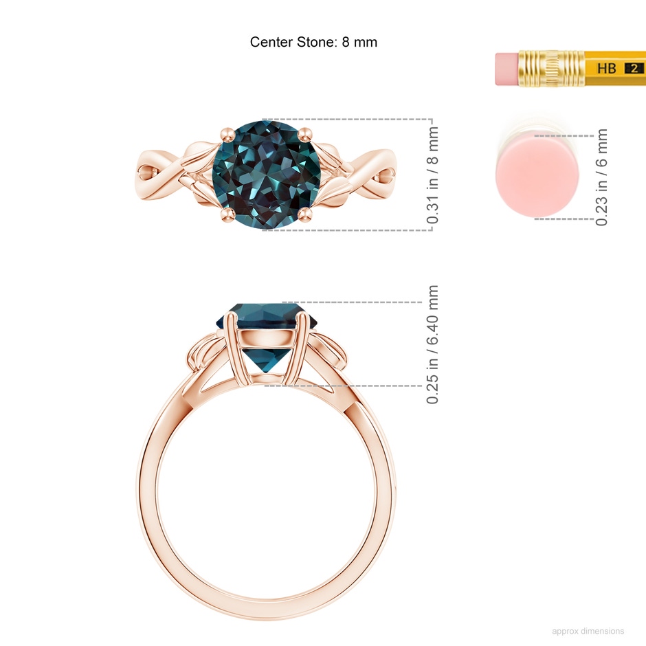 8mm Labgrown Nature Inspired Lab-Grown Alexandrite Crossover Ring with Leaf Motifs in Rose Gold ruler